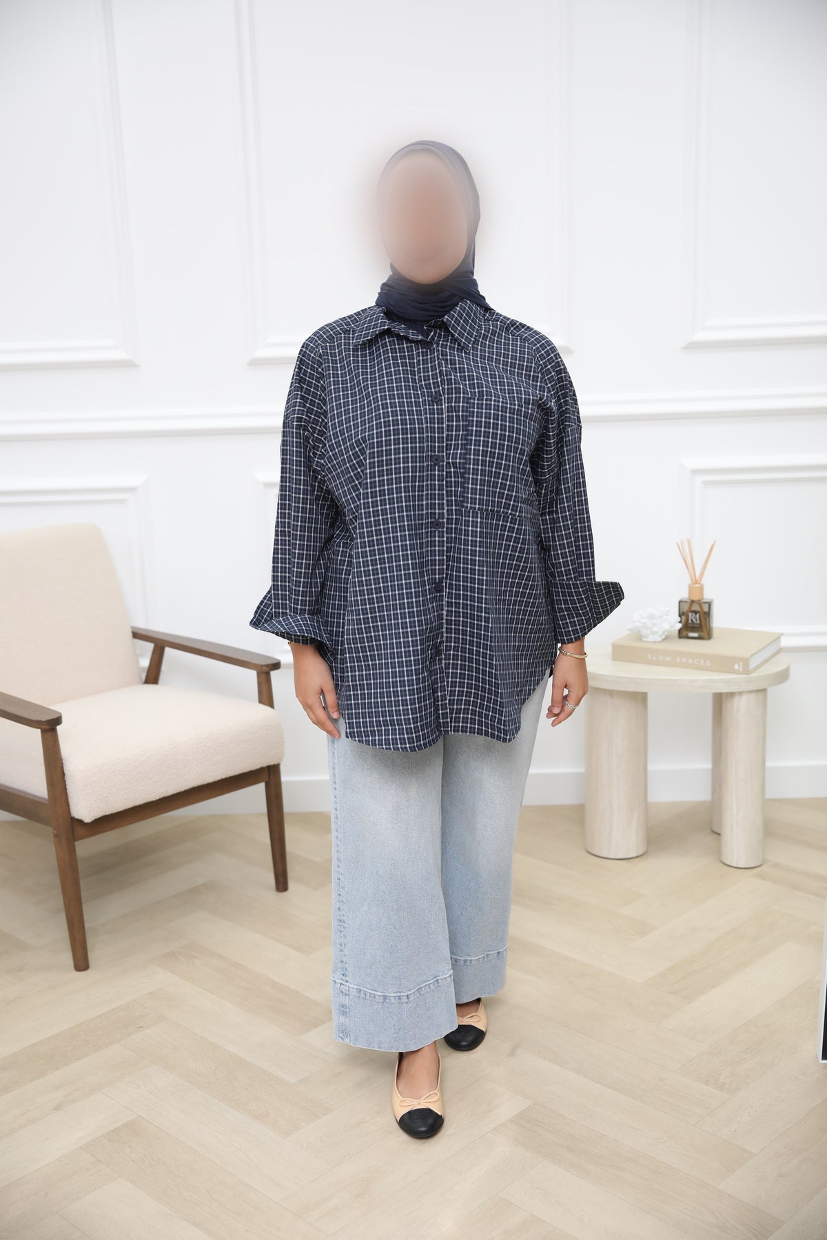 PRINT BLOUSE DONKERBLAUW