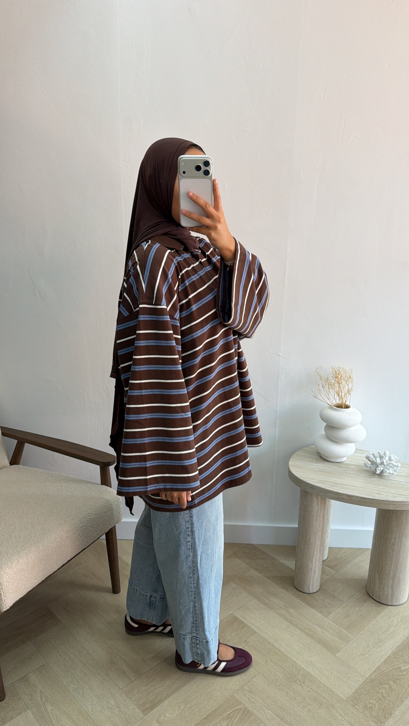 PRINT TOP MET KRAAG NAVYBROWN