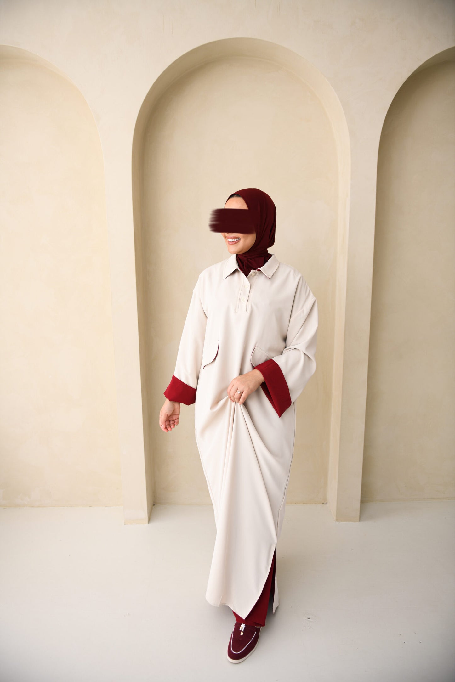 DOUBLE LINED DRESS BEIGE BURGUNDY