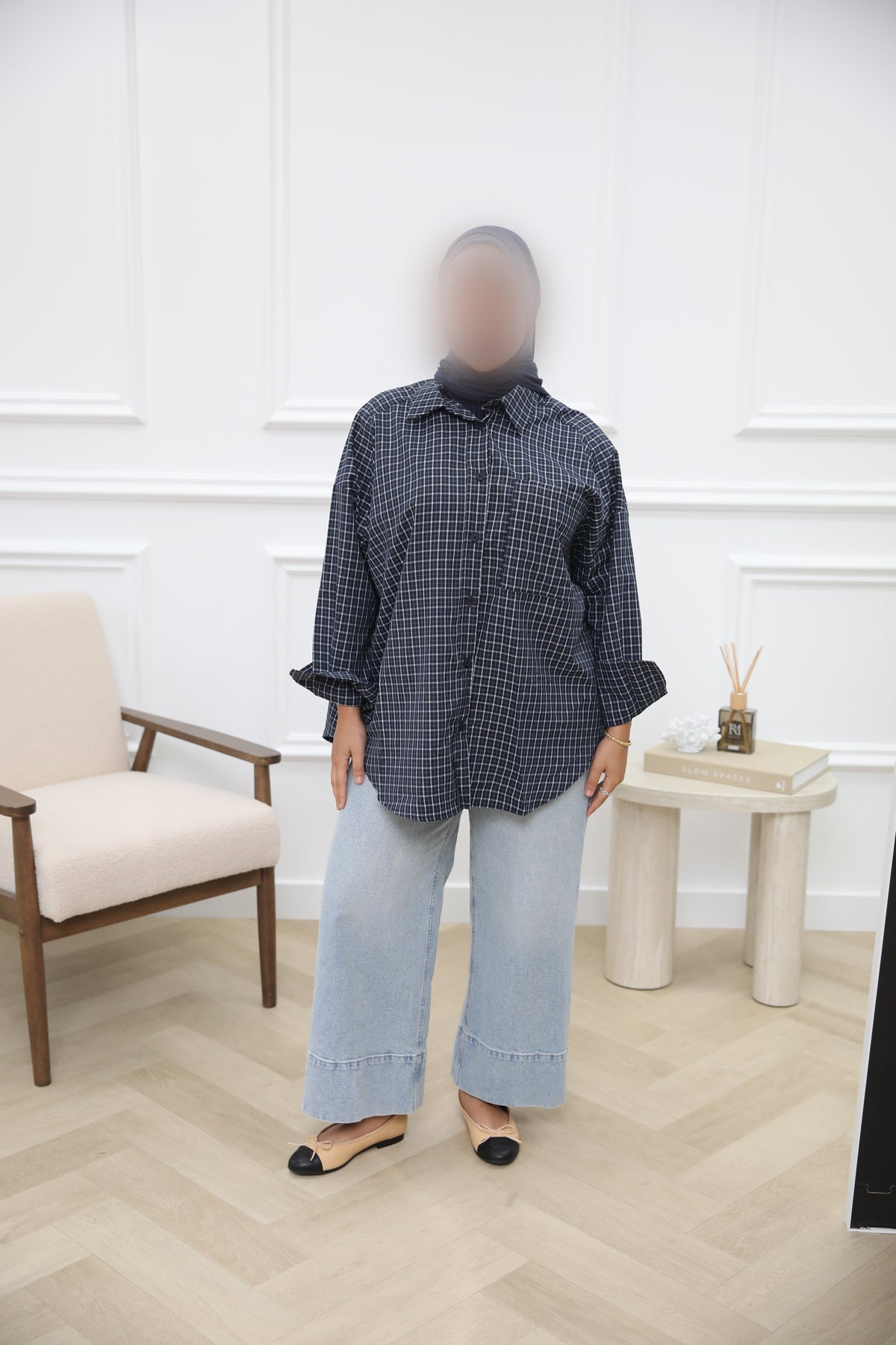 PRINT BLOUSE DONKERBLAUW
