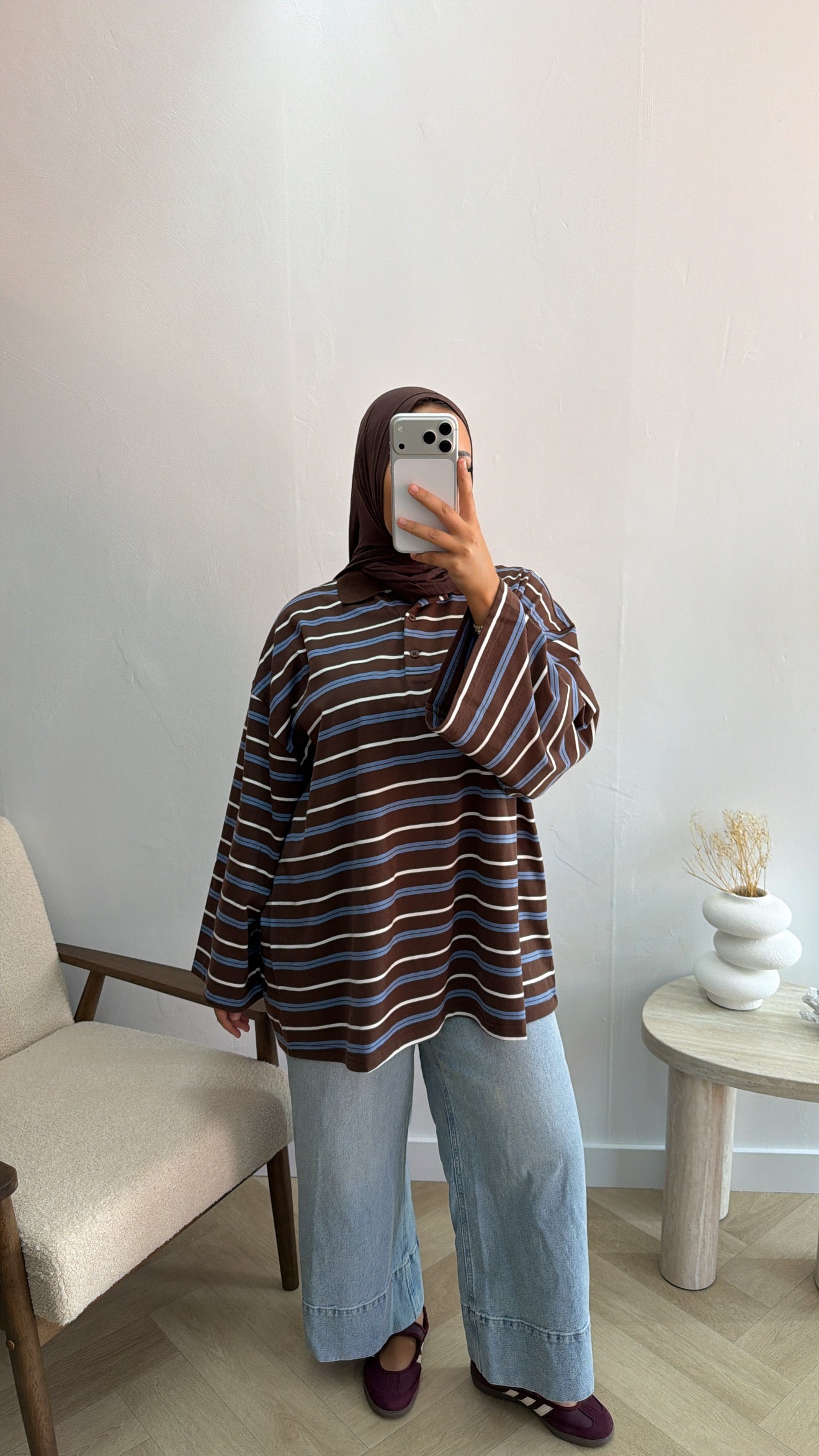 PRINT TOP MET KRAAG NAVYBROWN