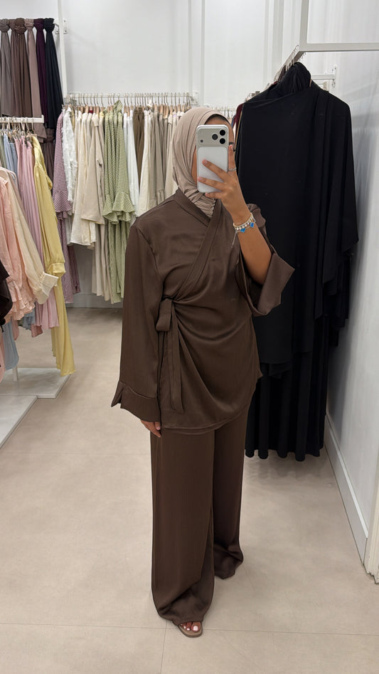 SATIN TWO PIECE SET DARKBROWN