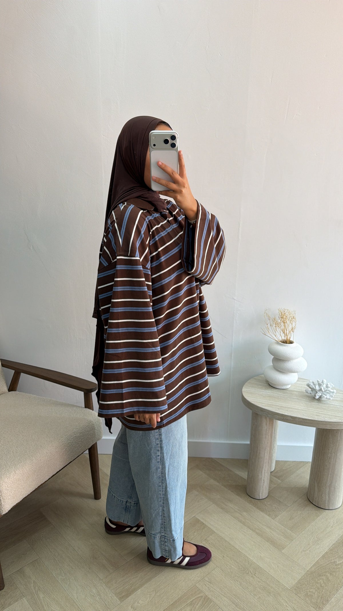PRINT TOP MET KRAAG NAVYBROWN