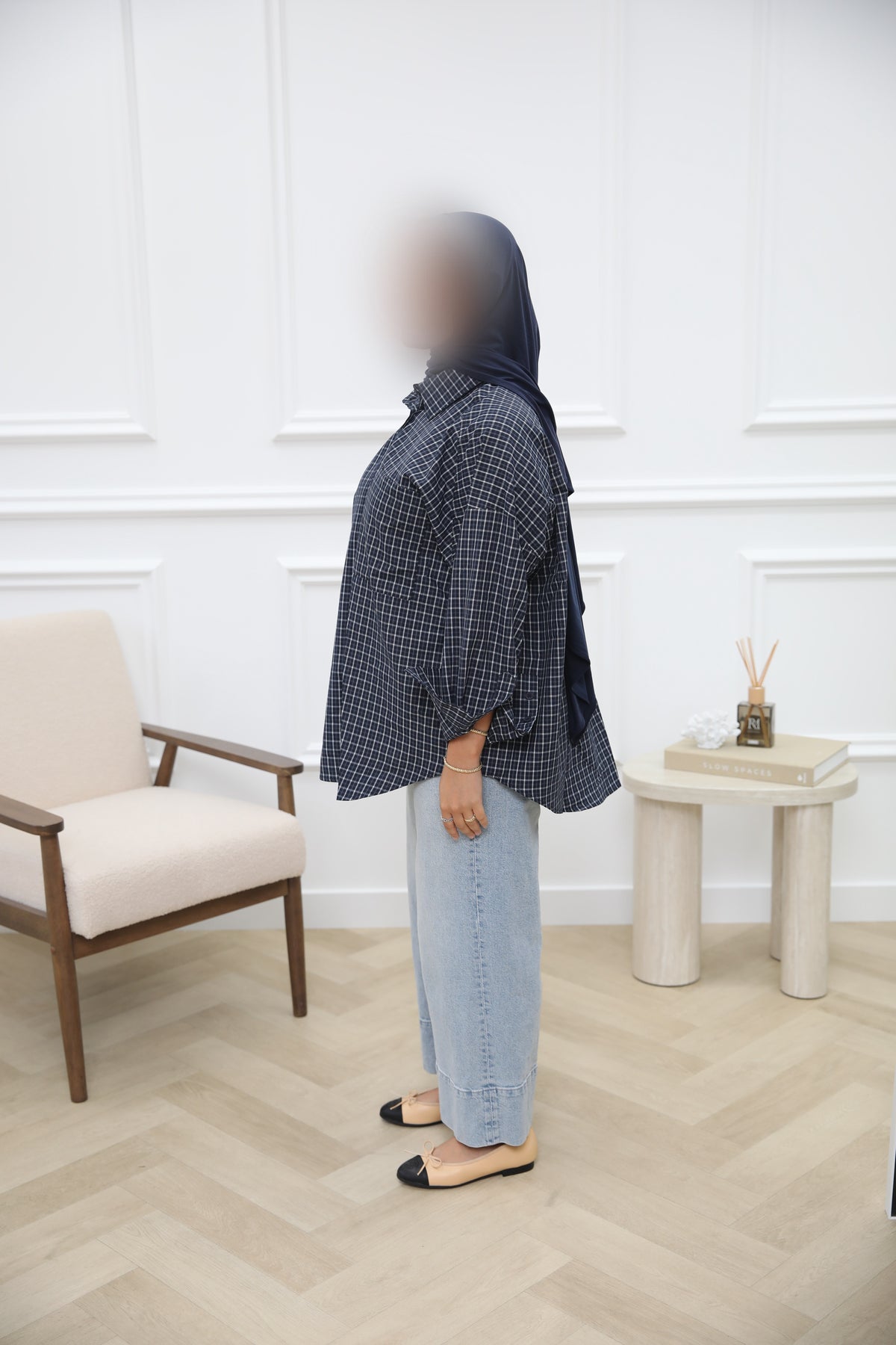 PRINT BLOUSE DONKERBLAUW