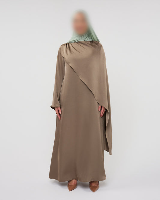 SATIN CAPE DRESS TAUPE