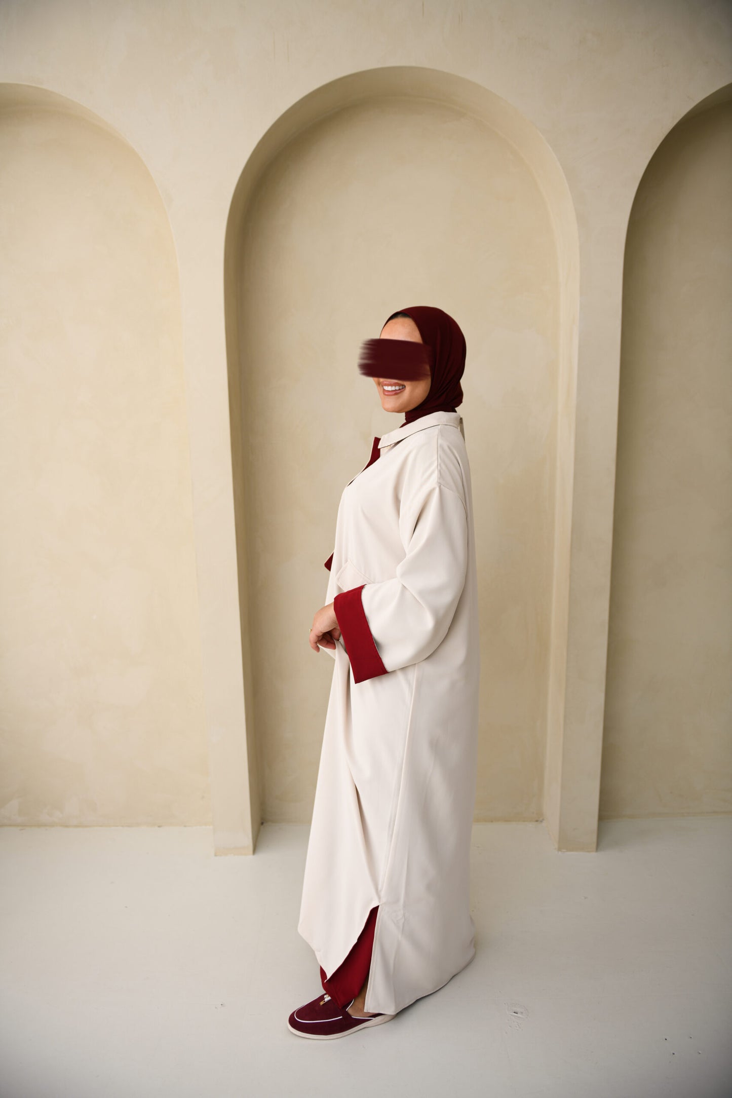 DOUBLE LINED DRESS BEIGE BURGUNDY