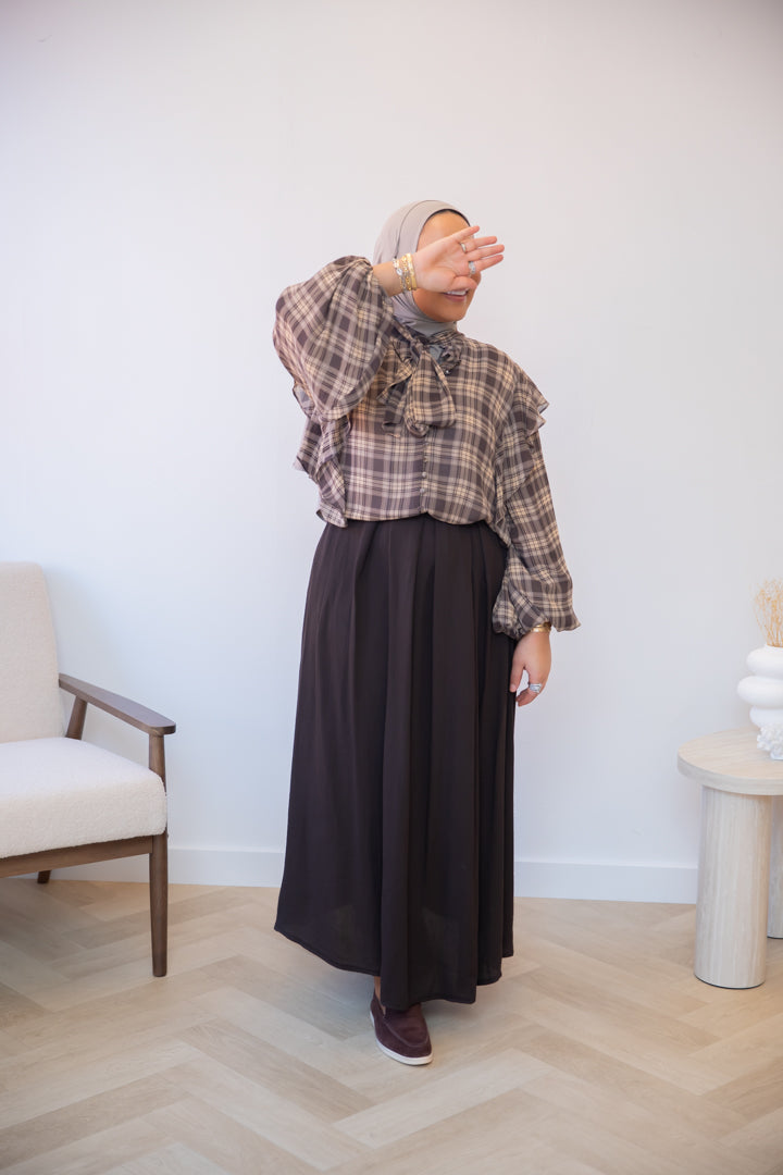 RUFFLE PRINT BLOUSE BROWN